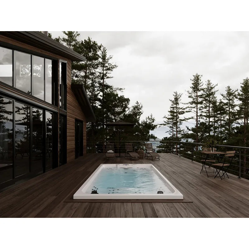 Portcril Relax 13 Swim Spa - Schwimm- & Wellness Spa in Weiß auf Holzterrasse mit Seeblick