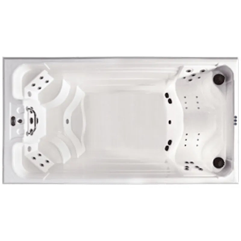 Portcril Relax 13 Swim Spa Draufsicht mit Schwimm- und Wellness-Bereich, Düsen und Sitzbereichen