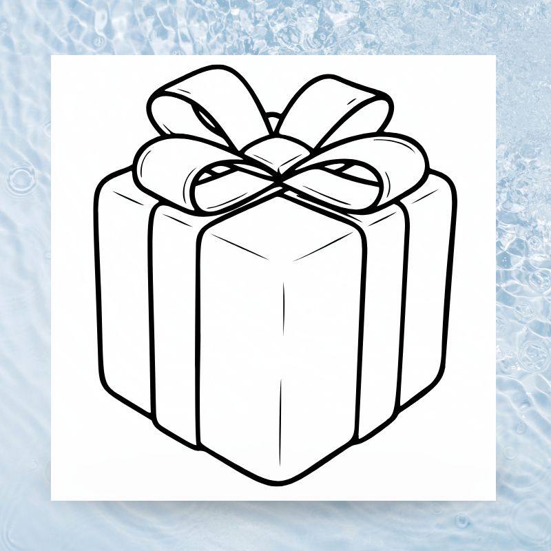 Strichzeichnung eines quadratischen Geschenkpakets mit Schleife von FinA Wellness Geschenksets
