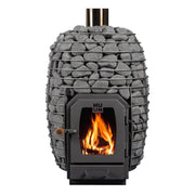 HUUM Sauna Hive Wood Holzsaunaofen mit Feuerung, Steinpackung und Goldlogo auf weißem Hintergrund