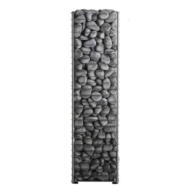 Huum Cliff MINI Saunaofen 3.5 kW mit Metallkorb gefüllt mit grauen Saunasteinen in vertikaler Ausrichtung