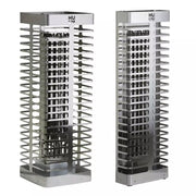 Huum Steel Elektrischer Saunaöfen in Vorder- und Seitenansicht mit Heizelementen und Metallgehäuse