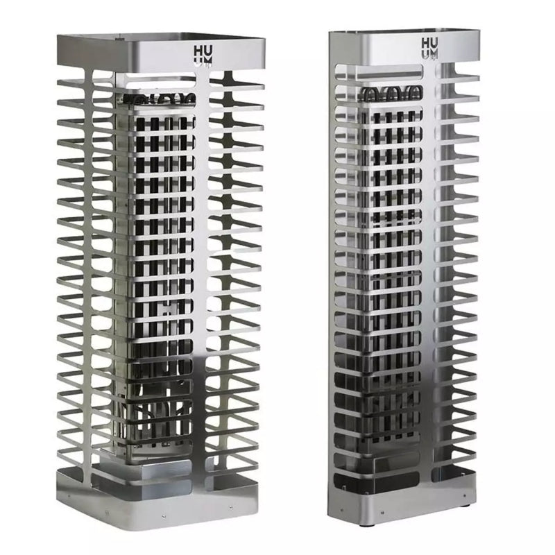 Huum Steel Elektrischer Saunaöfen in Vorder- und Seitenansicht mit Heizelementen und Metallgehäuse