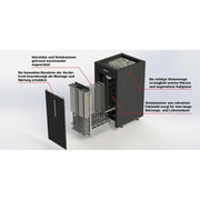 HARVIA Virta Saunaofen mit aufgelöster Konstruktion zeigend: Heizelement, Steinkammer aus Edelstahl und innovative Vorderfront zur vereinfachten Montage und Wartung