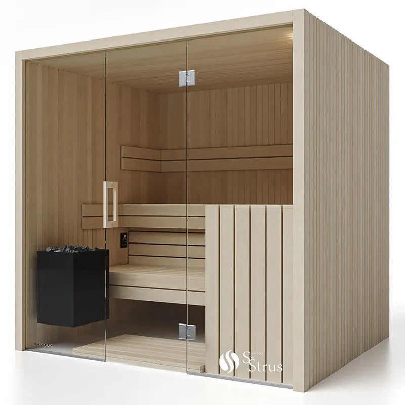 Savne Štrus Air Classic Innensauna mit klassischem Design, Espenholz-Verkleidung, Glastür und Holzbänken