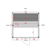 Air Classic Innensauna Grundriss von Savne Štrus mit Maßen: 2100mm Breite, 2000mm Höhe, Espenholz-Verkleidung, Glaselement und Holzbänke