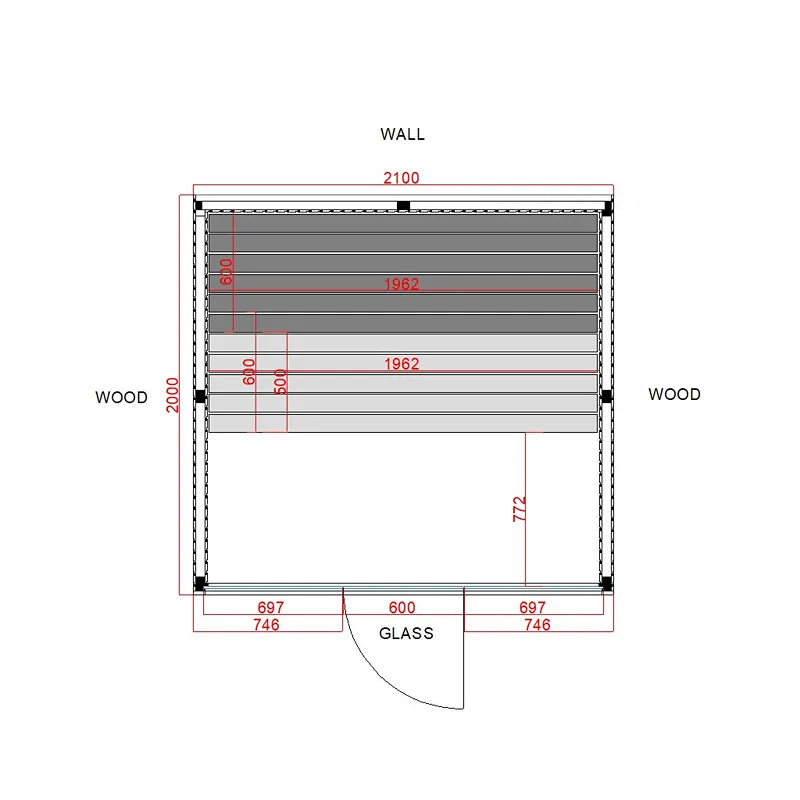 Air Classic Innensauna Grundriss von Savne Štrus mit Maßen: 2100mm Breite, 2000mm Höhe, Espenholz-Verkleidung, Glaselement und Holzbänke