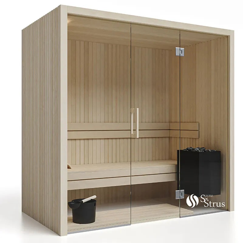 Savne Štrus Air Classic Innensauna mit klassischem Design, Espenholz-Konstruktion, Glastüren und Holzbänken