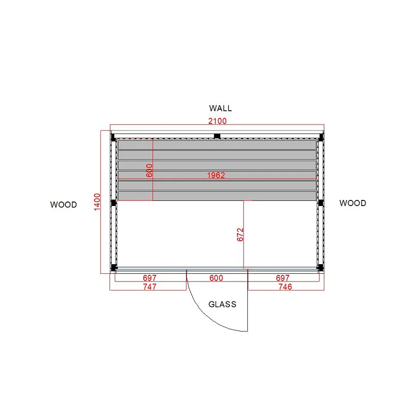 Air Classic Innensauna von Savne Štrus - Grundriss mit Maßen, Espenholz-Konstruktion, Glasfront