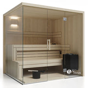 Savne Štrus Air Classic Innensauna mit klassischem Design, Espenholz-Innenraum, Glasfront, Holzbänken und integriertem Saunaofen