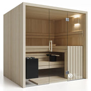 Savne Štrus Air Classic Innensauna mit Espenholz, Glastüren und Holzbänken, modernes Design mit Beleuchtung