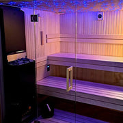 Savne Štrus Air Classic Innensauna mit Espenholz, Innenraum mit Holzbänken und LED-Beleuchtung