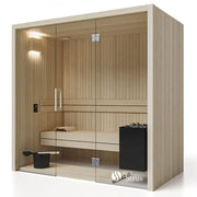 Air Classic Innensauna von Savne Štrus mit Espenholz, Glasfront, Holzbänken und schwarzem Ofen mit Steinen