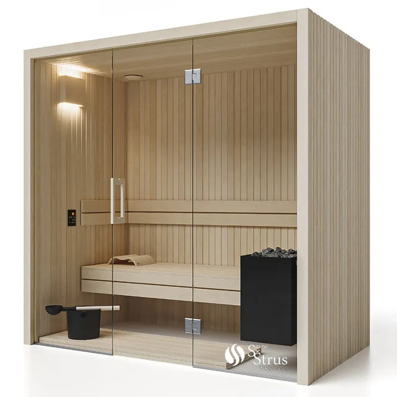 Air Classic Innensauna von Savne Štrus mit Espenholz, Glasfront, Holzbänken und schwarzem Ofen mit Steinen