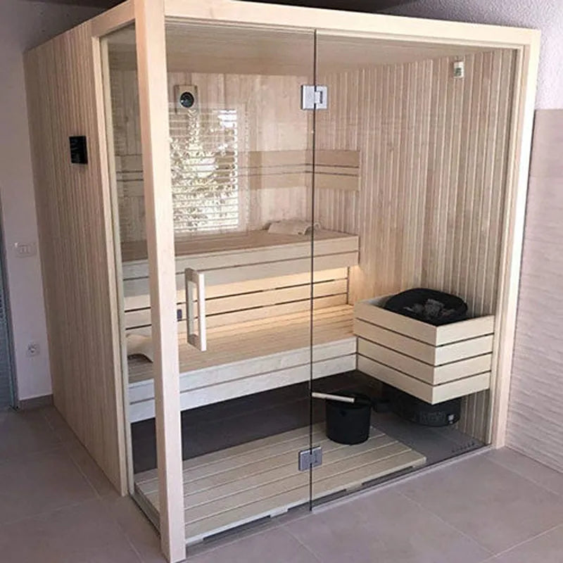 Savne Štrus Air Classic Innensauna mit Espenholz, klassisches Design, Innenraum mit Holzbänken und Glastür