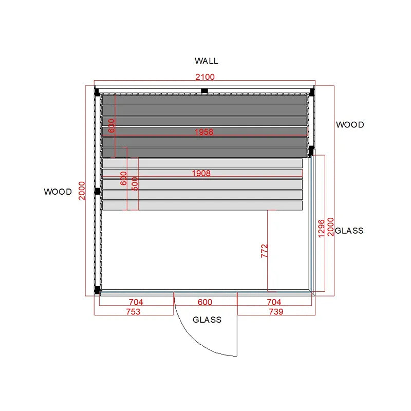 Air Classic Innensauna Grundriss von Savne Štrus mit Maßen, Espenholz-Konstruktion, Glastür und Holzbänke