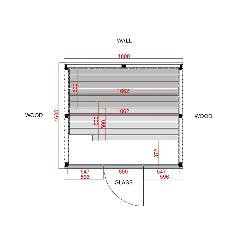 Air Classic Innensauna Grundriss von Savne Štrus mit Maßangaben: 1800mm Breite, 1600mm Höhe, Holzbänke und Glaselement