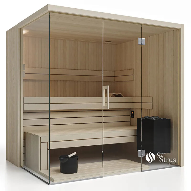 Savne Štrus Air Classic Innensauna mit Espenholz, Glasfront, Holzbänken und schwarzem Saunazubehör