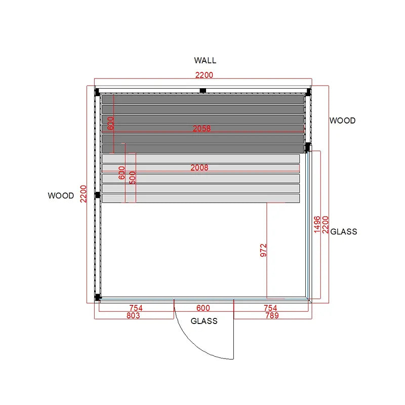 Air Classic Innensauna Grundriss von Savne Štrus mit Espenholz-Konstruktion, Maßzeichnung mit Glas- und Holzkomponenten