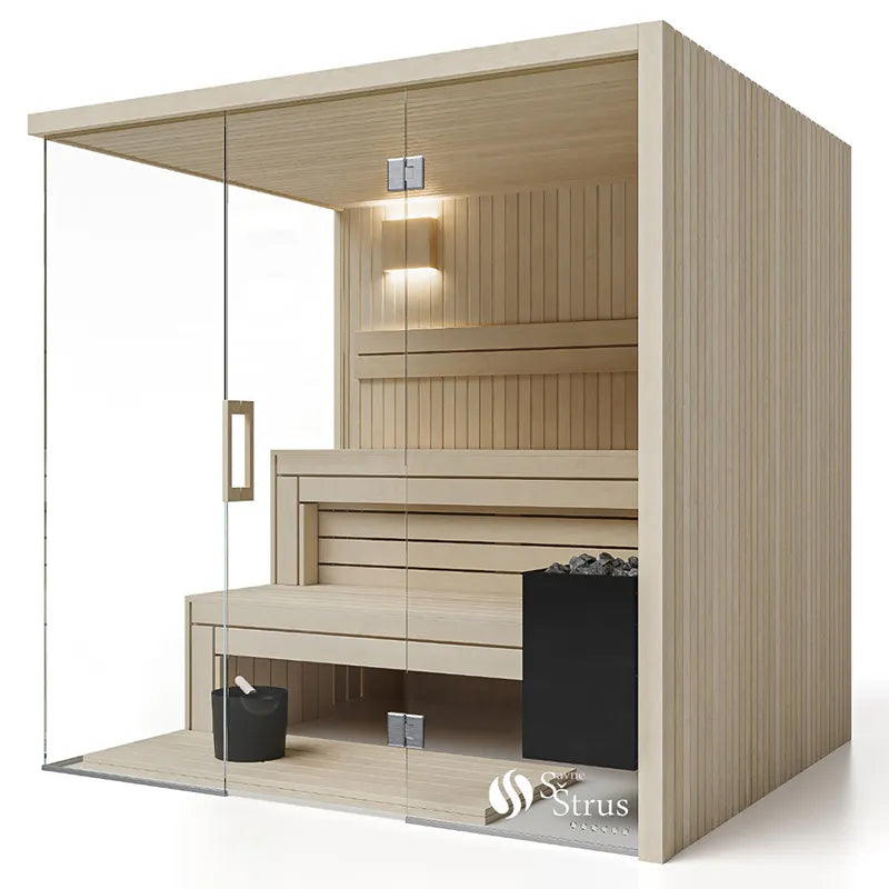 Savne Štrus Air Classic Innensauna mit klassischem Design, Espenholz-Konstruktion, mehrstufige Holzbänke und moderne Glastür