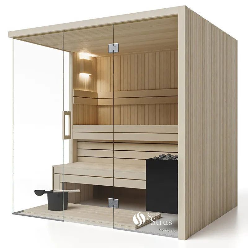 Air Classic Innensauna von Savne Štrus mit Espenholz, Glasfront und Holzbänken