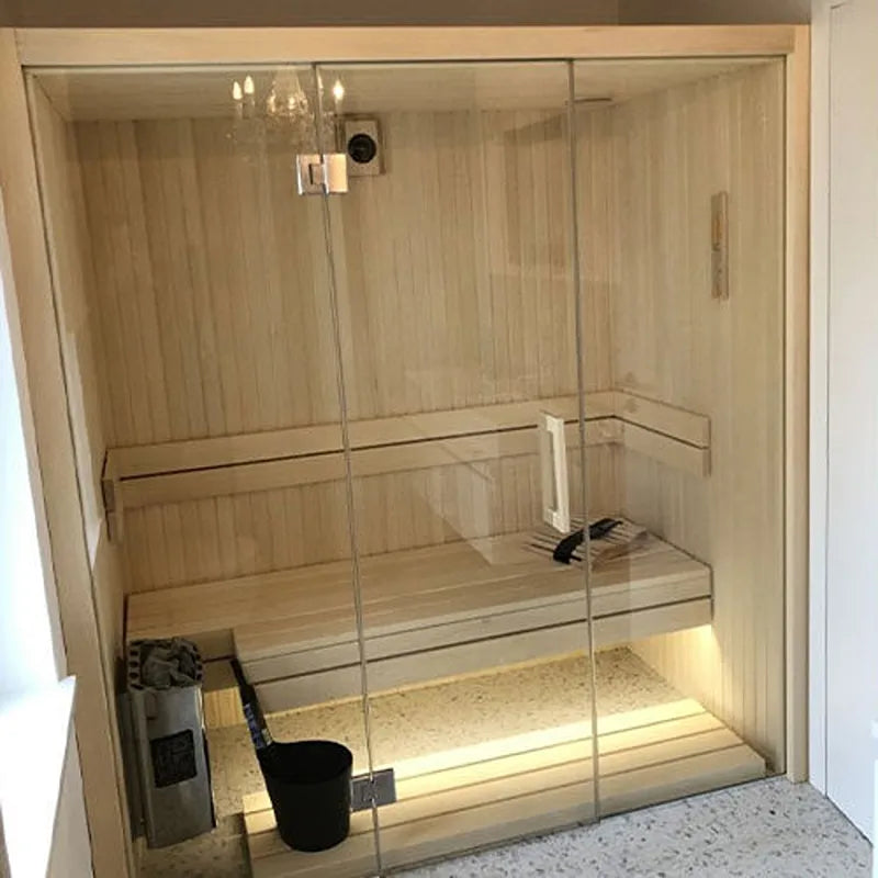Savne Štrus Air Classic Innensauna mit klassischem Espenholz-Design, Innenansicht mit Holzbänken und Glastür