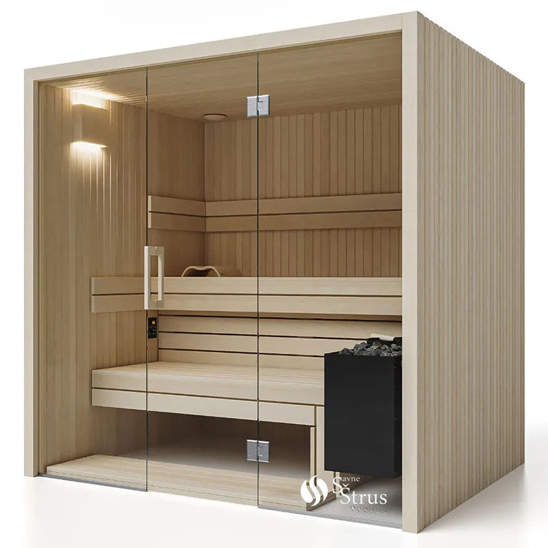 Savne Štrus Air Classic Innensauna mit Espenholz, klassisches Design, Innenraum mit Holzbänken und Glastür