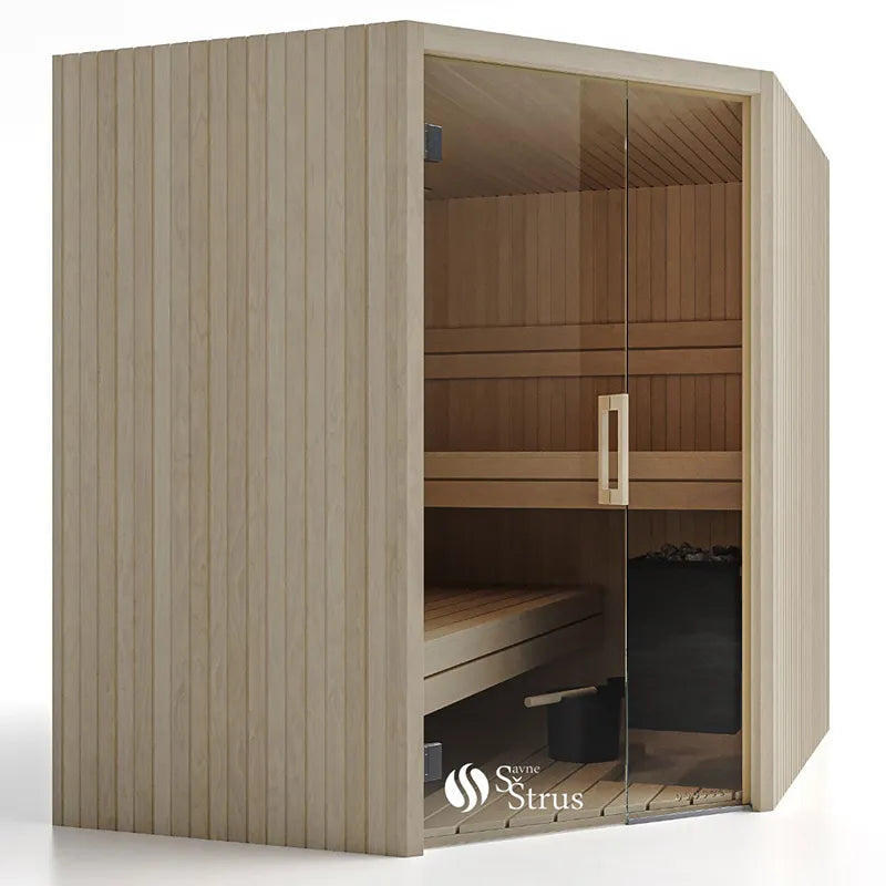 Savne Štrus Air Classic Innensauna mit hellem Espenholz, Glastür und Holzbänken im Innenraum