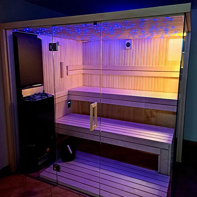 Savne Štrus Air Classic Innensauna mit Espenholz, modernes Design mit LED-Beleuchtung in Blau- und Orangetönen, Glastür, mehrere Holzbänke