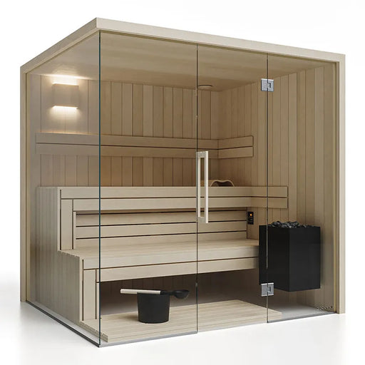 Savne Štrus Air Premium Innensauna - Modernes Design 15×120mm mit Holzbänken, Glastür und schwarzem Saunaofen
