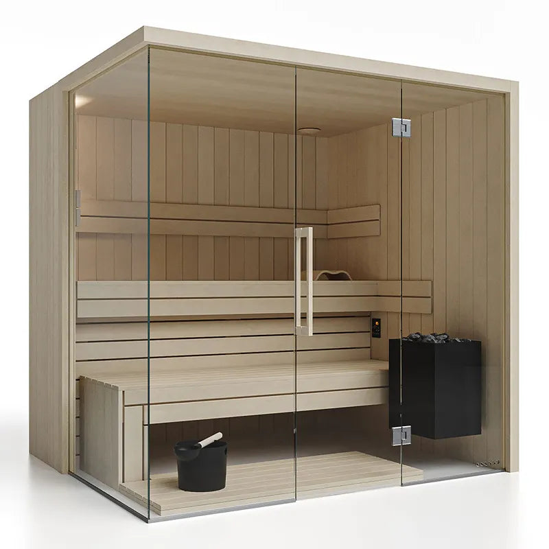Savne Štrus Air Premium Innensauna - Modernes Design 15×120mm mit Glastür, Holzbänken und schwarzem Ofen