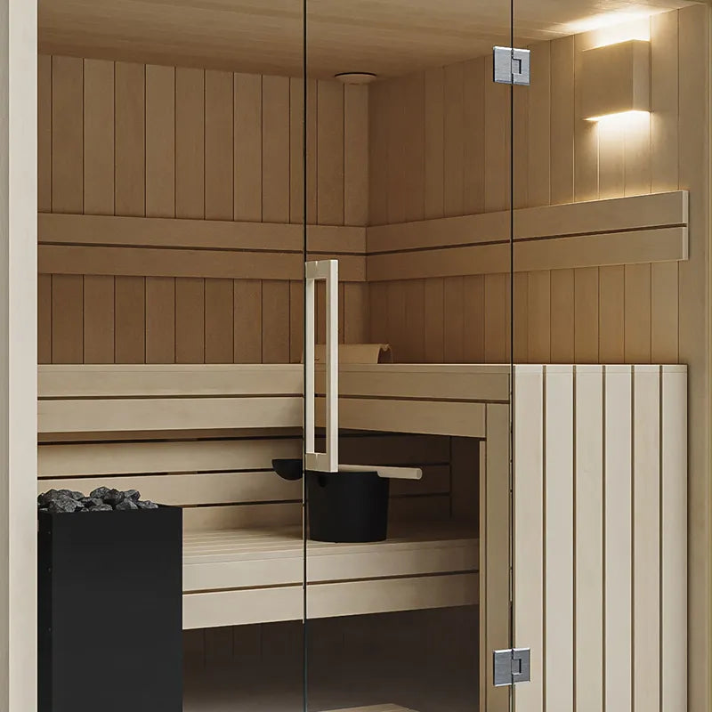 Savne Štrus Air Premium Innensauna - Modernes Design 15×120mm mit Holzbänken und modernem Saunaofen