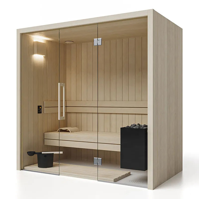 Savne Štrus Air Premium Innensauna - Modernes Design 15×120mm mit Holzausstattung, Glasfront und integriertem Ofen