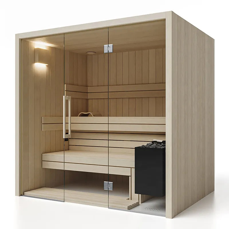 Savne Štrus Air Premium Innensauna - Modernes Design 15×120mm mit Glastür, Holzbänken und integriertem Ofen