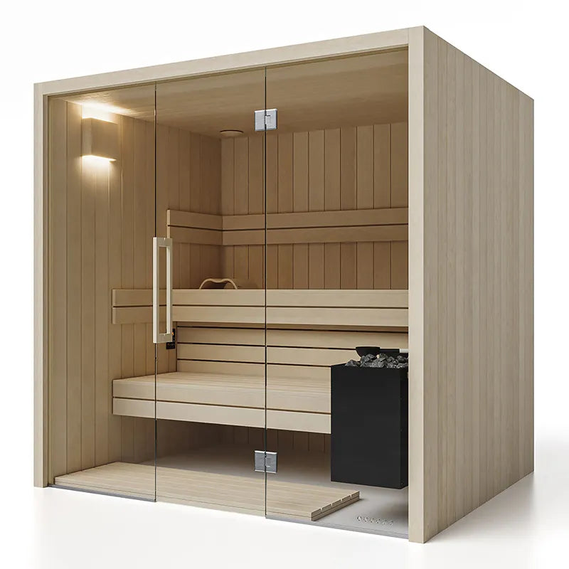 Savne Štrus Air Premium Innensauna - Modernes Design 15×120mm mit Holzaufbau, Glastür und integrierten Bänken