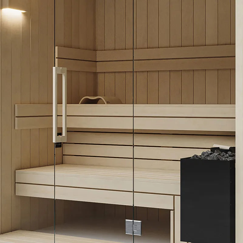 Savne Štrus Air Premium Innensauna - Modernes Design 15×120mm mit Holzbänken, Glastür und schwarzem Saunaofen