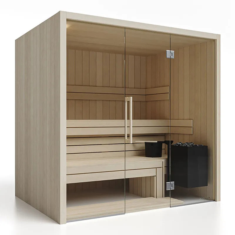 Savne Štrus Air Premium Innensauna - Modernes Design 15×120mm mit Glasfront, Holzbänken und integriertem Ofen