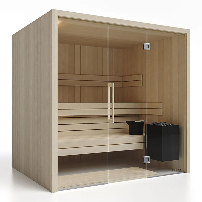Savne Štrus Air Premium Innensauna - Modernes Design 15×120mm mit Holzbanken, Glastüren und schwarzem Ofen