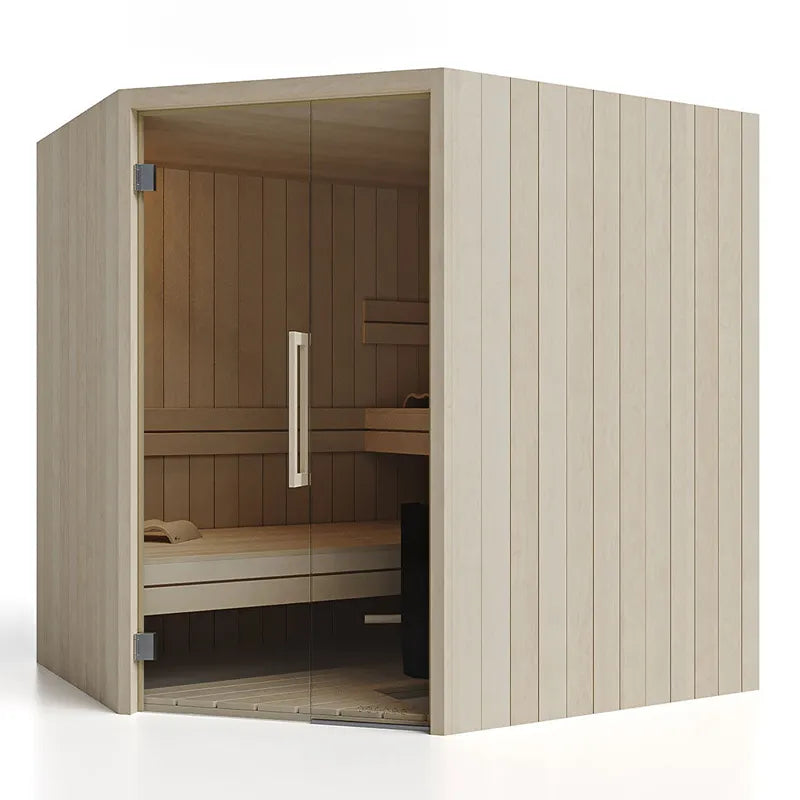 Savne Štrus Air Premium Innensauna - Modernes Design 15×120mm mit heller Holzverkleidung und Glastür
