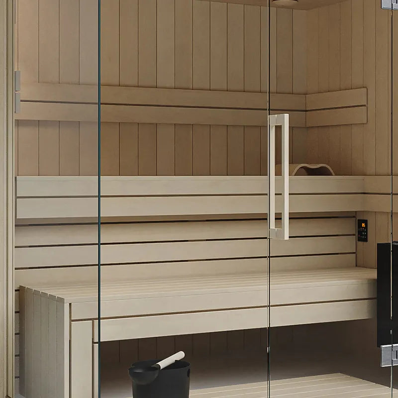 Savne Štrus Air Premium Innensauna - Modernes Design 15×120mm mit Holzbänken und Glastür