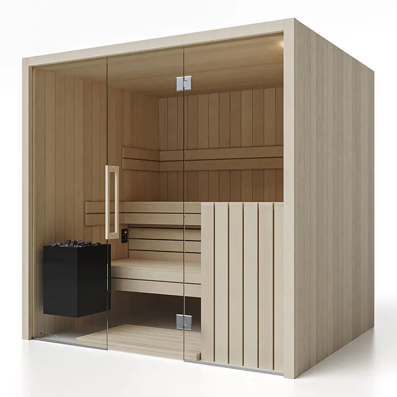 Savne Štrus Air Premium Innensauna - Modernes Design 15×120mm mit Holzverkleidung, Glastür, Saunabänken und schwarzem Ofen