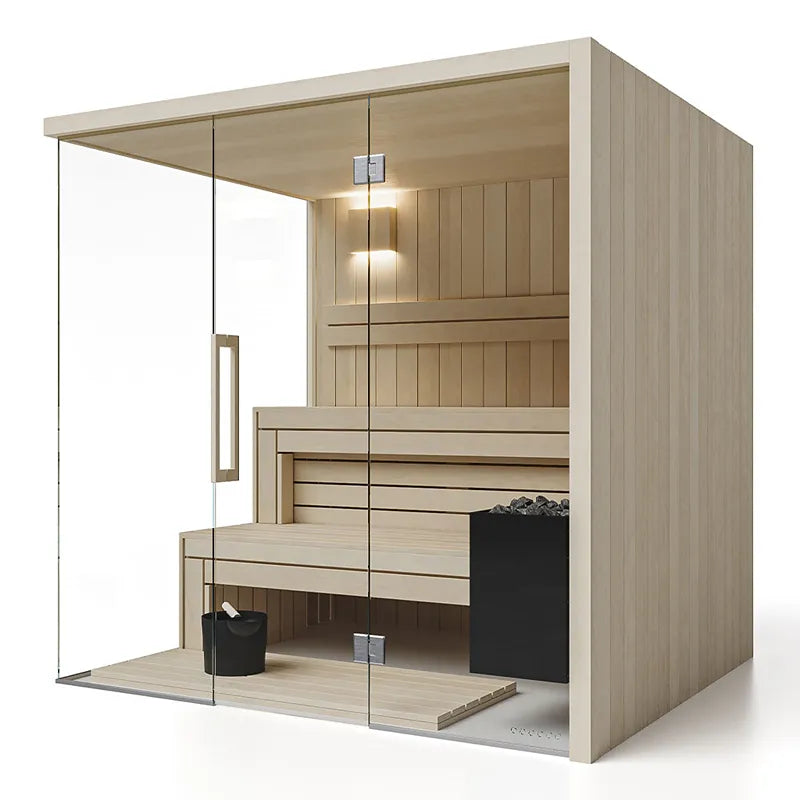 Savne Štrus Air Premium Innensauna - Modernes Design 15×120mm mit Glastür, Holzbänken und integriertem Ofen