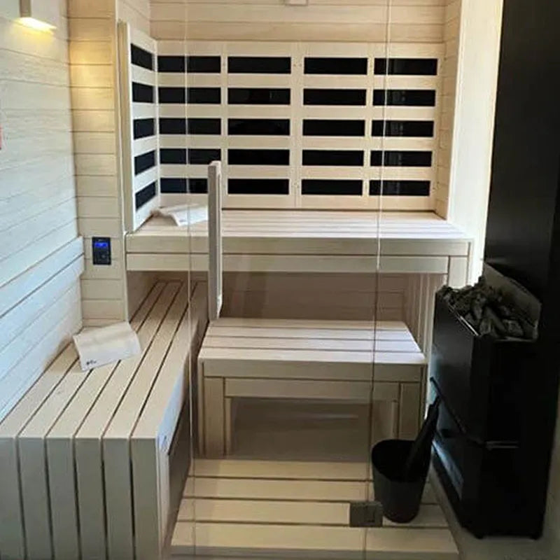 Savne Štrus Air Premium Innensauna - Modernes Design 15×120mm mit Holzbänken und Infrarotstrahler-Paneelen im modernen Badezimmer