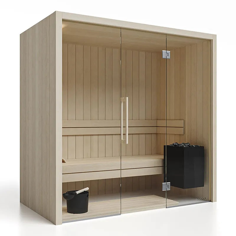 Savne Štrus Air Premium Innensauna - Modernes Design 15×120mm mit Holzbank, Glastür und schwarzem Saunaofen