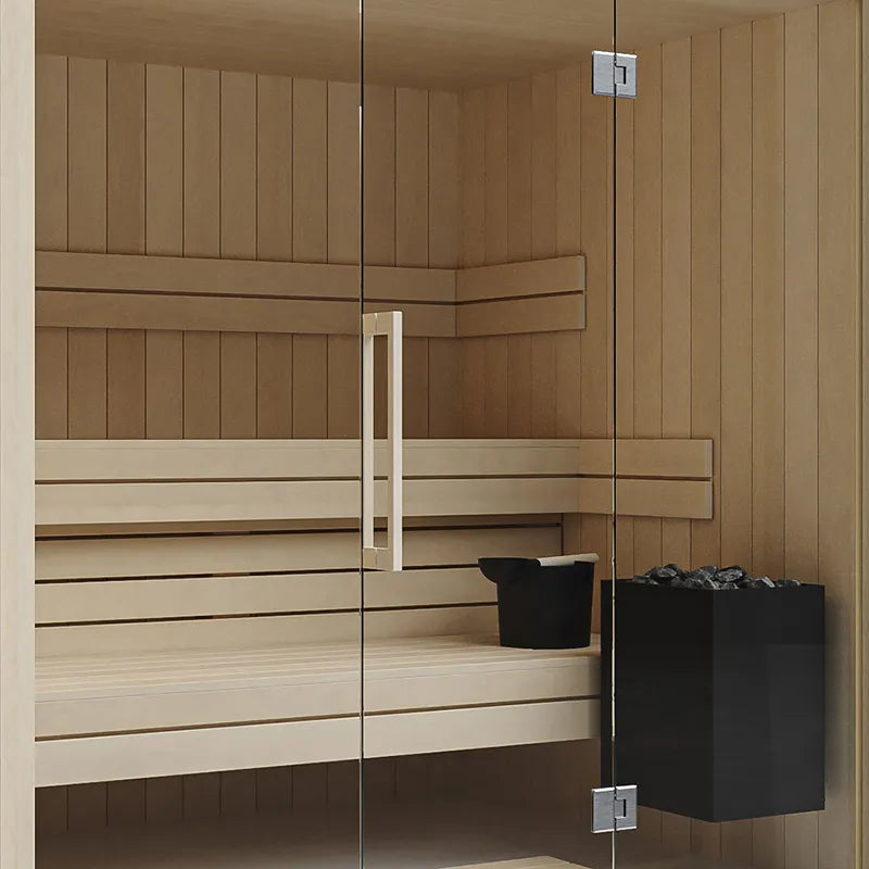 Savne Štrus Air Premium Innensauna - Modernes Design 15×120mm mit Holzliegen, Glastür und schwarzem Saunaofen
