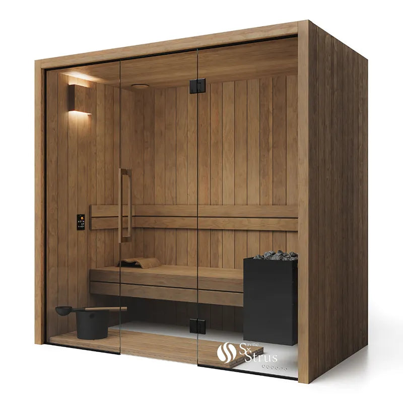 Savne Štrus Air Termo Premium Innensauna - Wärmbehandeltes Holz mit Glastür, Holzbänken und schwarzem Saunaofen
