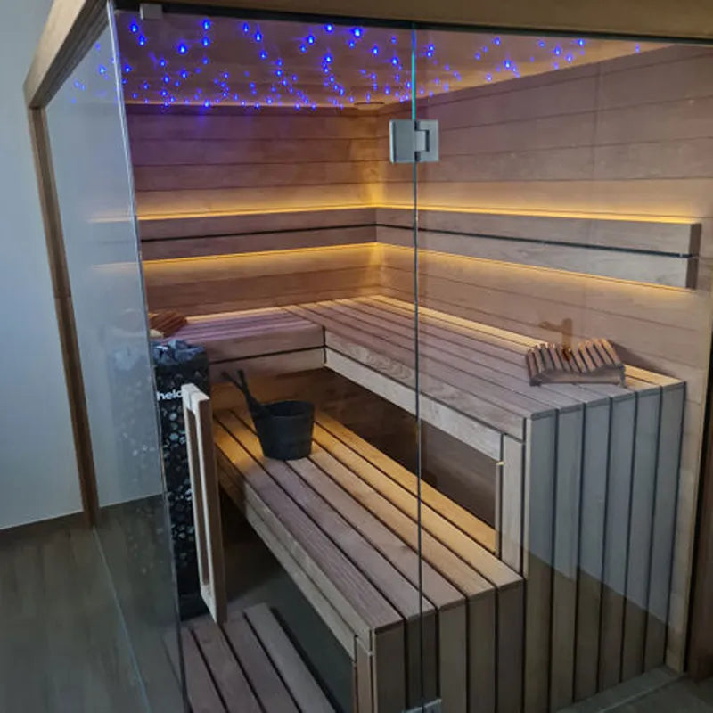 Savne Štrus Air Termo Premium Innensauna mit wärmbehandeltem Holz, moderner Glasfront, LED-Sternenhimmel und Holzbänken