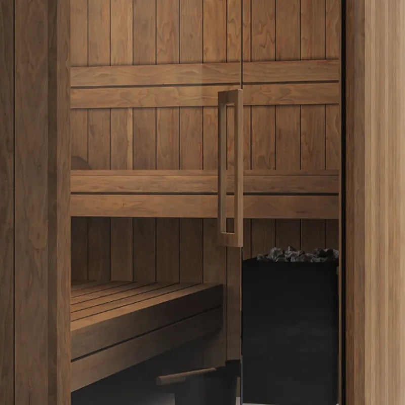 Savne Štrus Air Termo Premium Innensauna mit wärmbehandeltem Holz, Innenansicht mit Holzbänken und Saunaofen