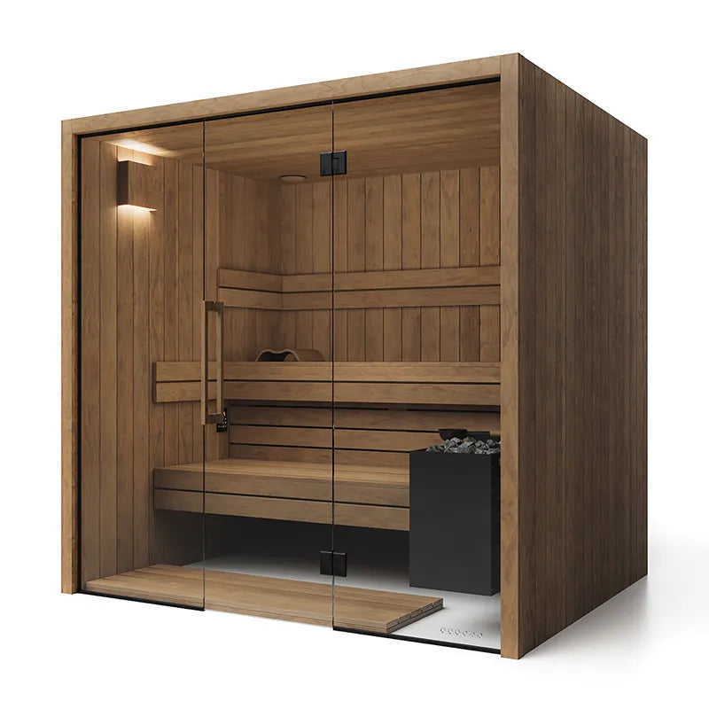 Savne Štrus Air Termo Premium Innensauna mit wärmbehandeltem Holz, Glasfront, Holzbänken und schwarzem Saunaofen