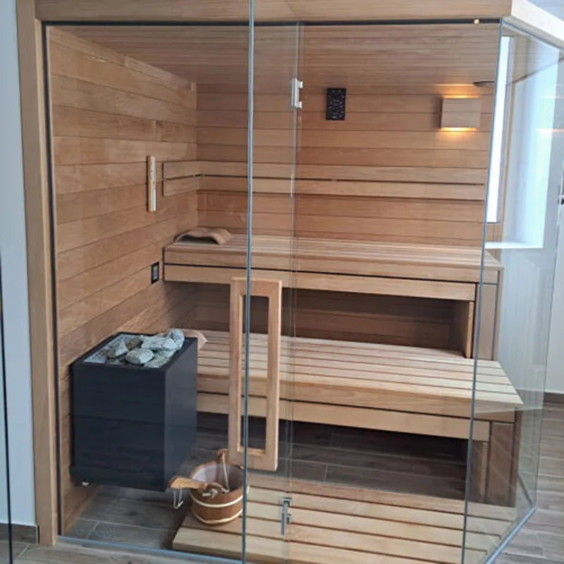 Savne Štrus Air Termo Premium Innensauna mit wärmbehandeltem Holz, Glastür, Holzbänken und schwarzem Ofen